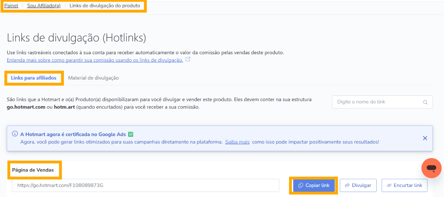 Copiando o link de divulgação da Hotmart